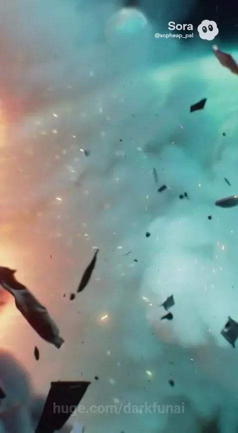 Spaceship exploding near a green planet, with debris including clothing and a photo floating in space.