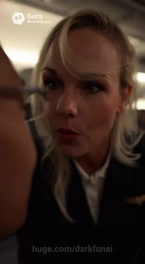 Flight attendant in uniform smiling at a male passenger on an airplane during sunset.