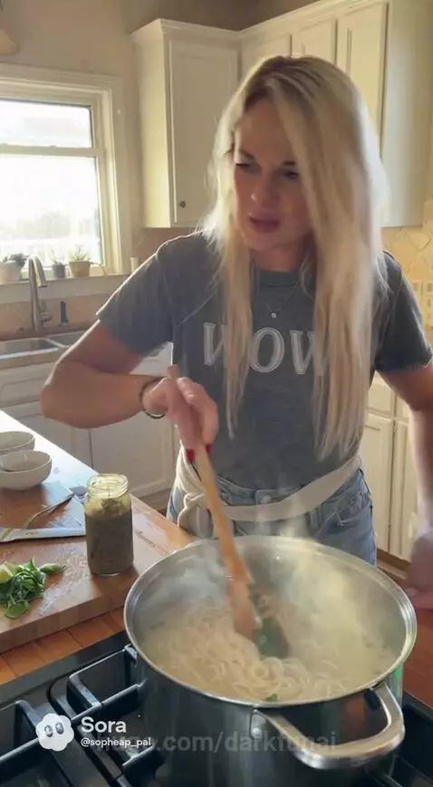 Woman serving a steaming bowl of coconut noodle soup to a man at a table.