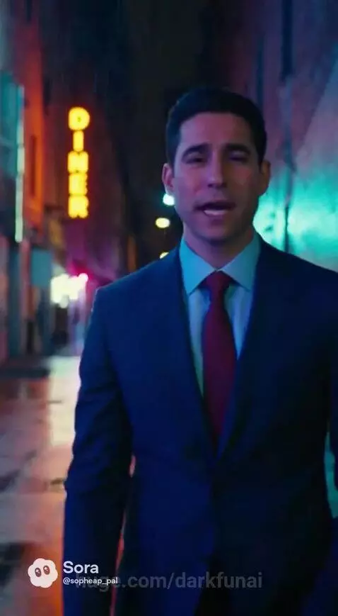 Man in suit looking at phone on city street at night, woman singing into microphone in bar.