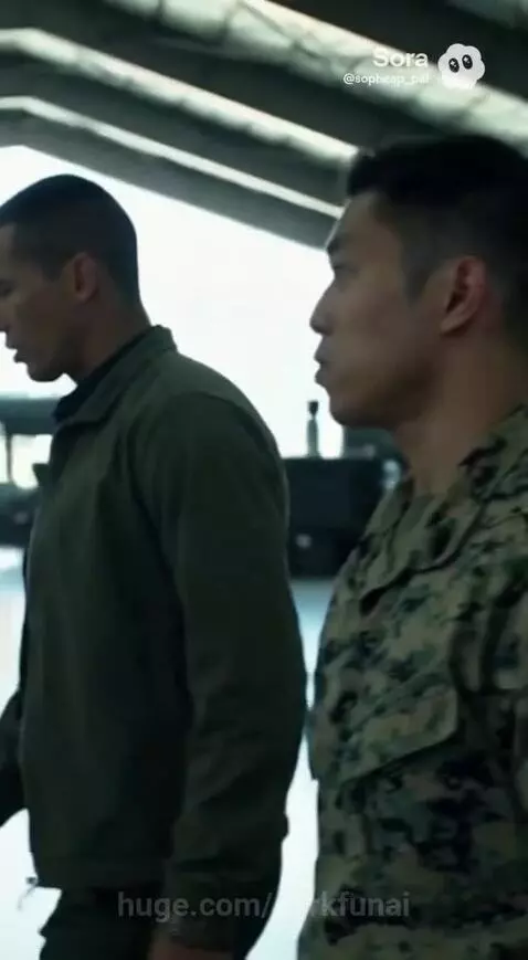 Two men in a military facility, one in camouflage uniform, discussing a manuscript.