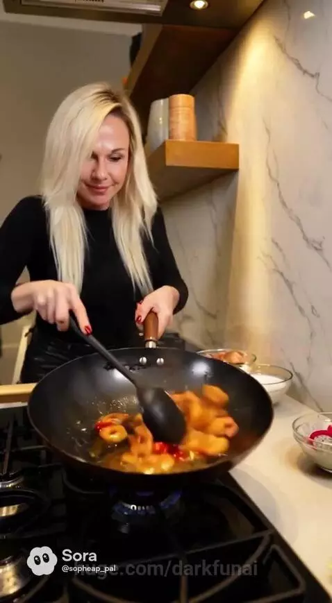 Woman in modern kitchen preparing tamarind dragon fruit shrimp, with dragon fruit, shrimp, and lime visible.