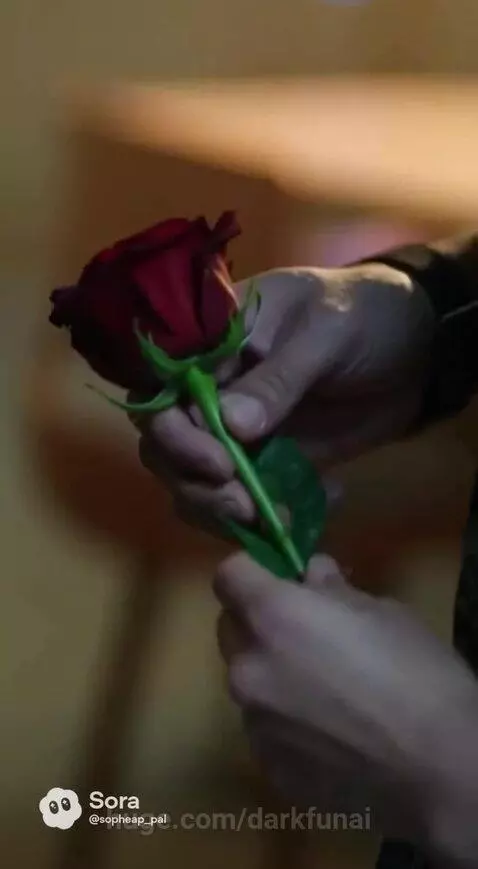 Soldier in camouflage uniform hands a red rose to a woman in a lab coat, looking concerned.