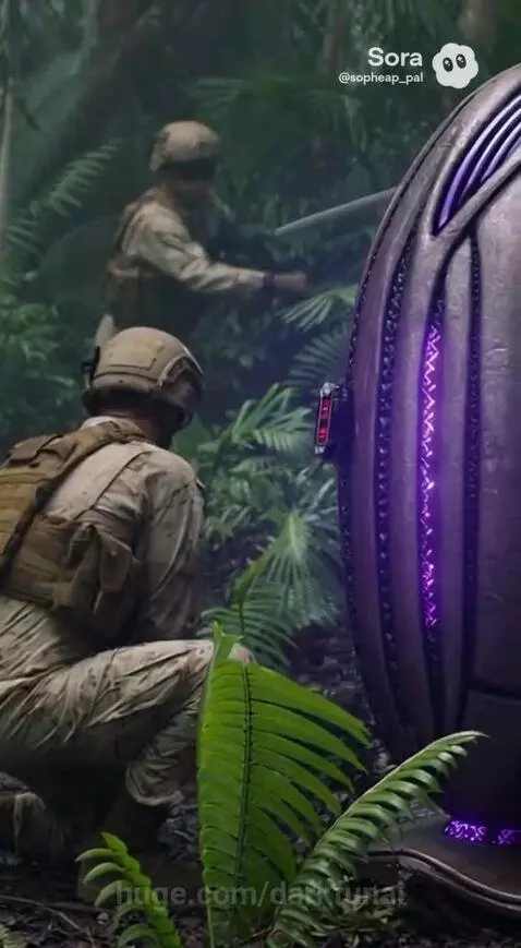 Soldiers in a jungle, one with a bloody face, aiming rifles at alien creatures near a crashed aircraft.