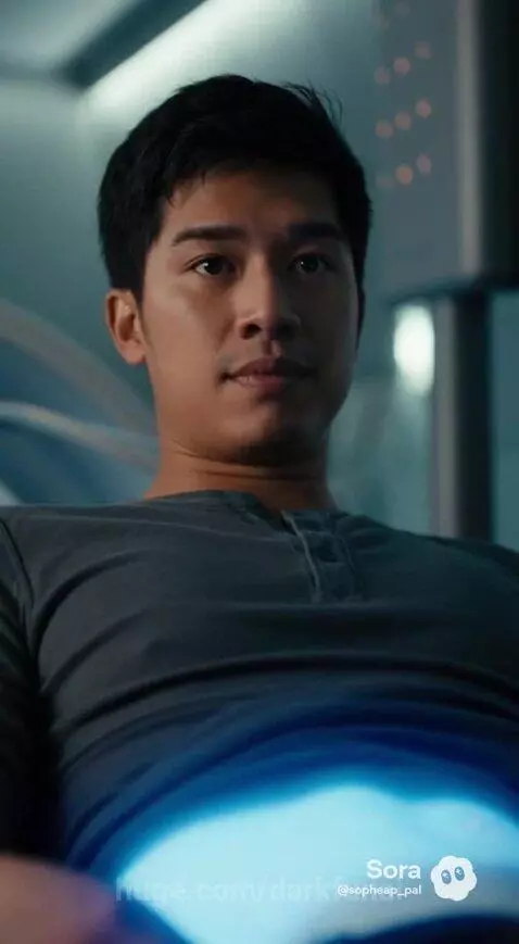 Woman in futuristic uniform with holographic leg projection showing damaged area.