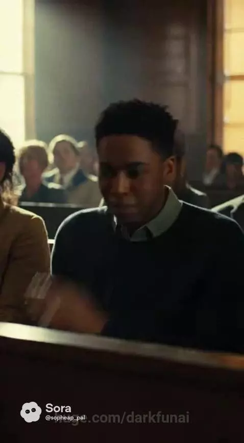 Man in suit speaking into microphone, with courtroom and clock visuals.