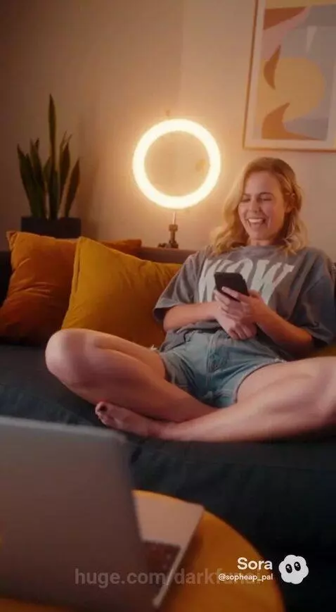 Young woman sitting on a couch, looking at a laptop screen with surprise and happiness at video stats.