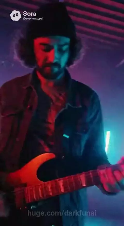 Male singer performing energetically with band under red and blue neon lights in a studio.