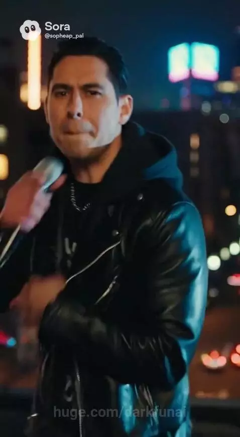 Man and woman singing energetically on a stage and rooftop, wearing black leather jackets.