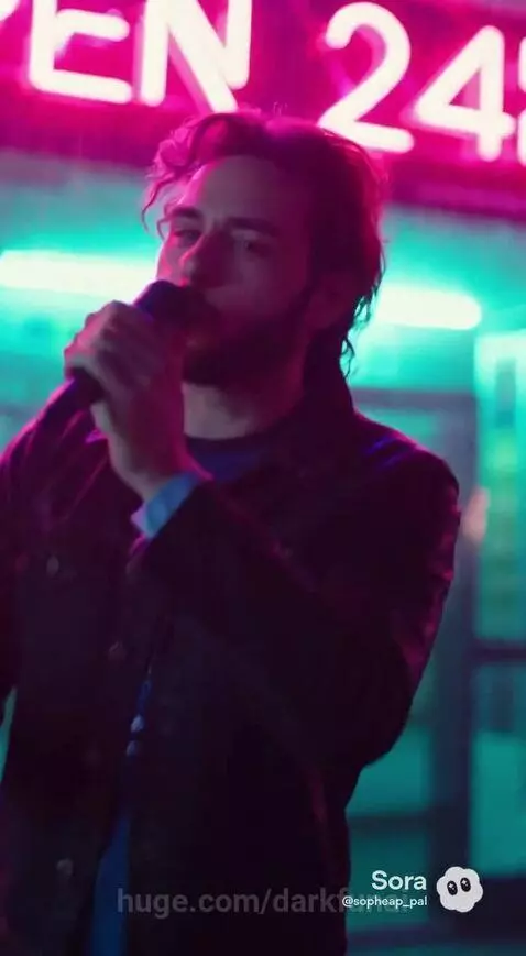 Couple embracing at sunset with a man singing in a neon room and stormy skies.