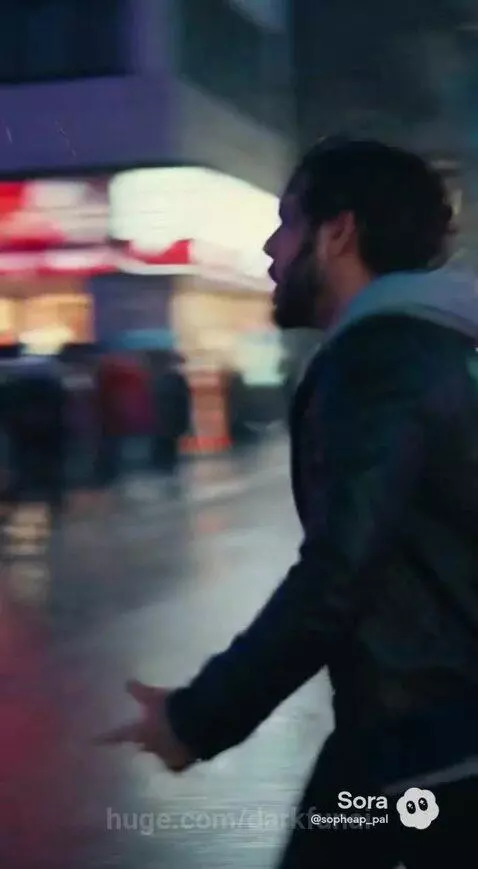 Man singing intensely under neon lights, woman singing on a rooftop overlooking city skyline.