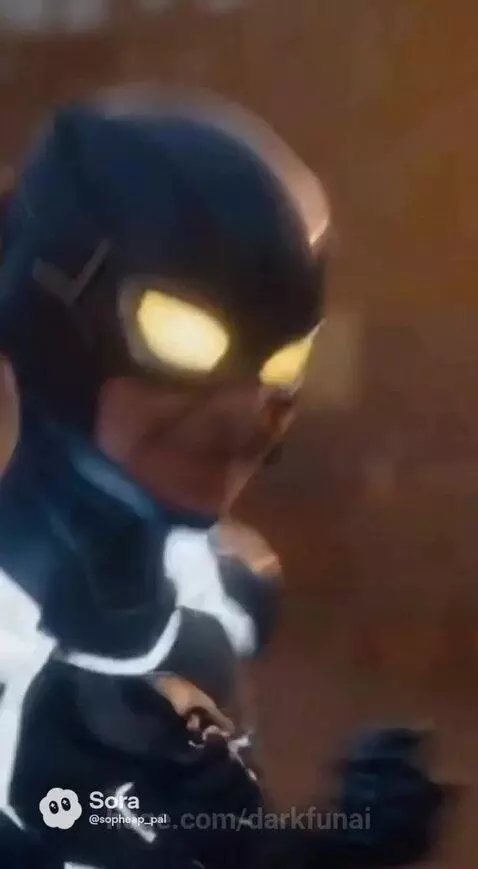 Female superhero with glowing yellow eyes in a black and white suit, rescuing a man from a dark robotic monster.