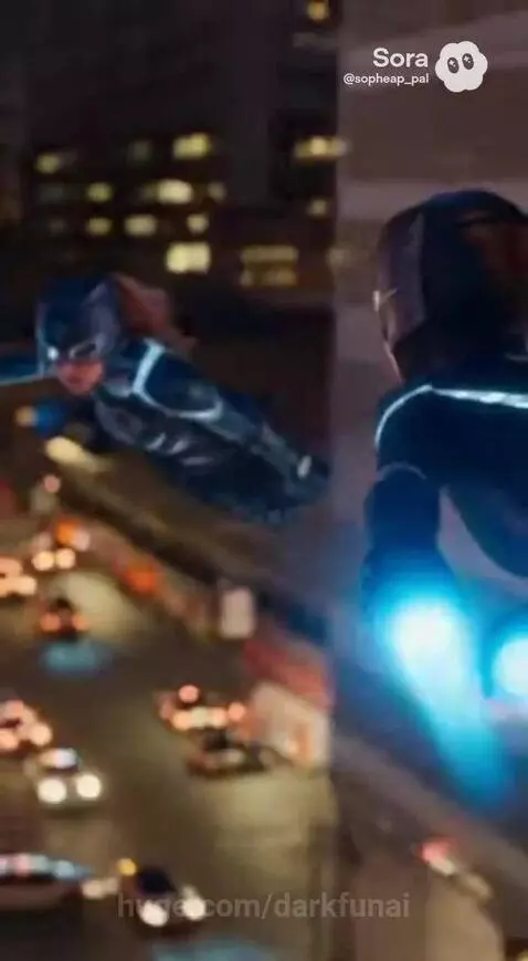 Female superhero with glowing yellow eyes and suit flies through a futuristic city at night, city lights and a full moon in the background.