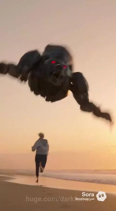 Woman on beach at sunset startled by a robotic bear, then rescued by a humanoid robot.