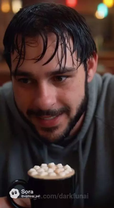 Superhero in a blue and white suit with glowing eyes and a man in a hoodie at a cafe, enjoying hot chocolate.