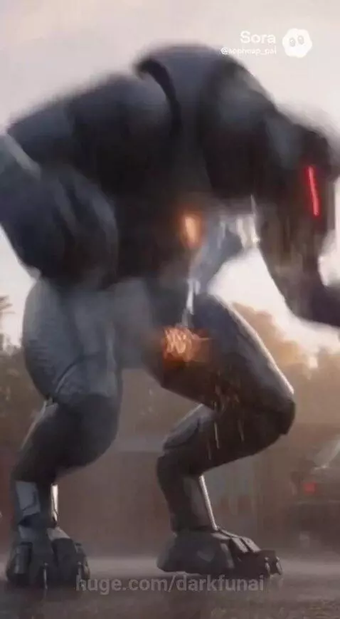 Superhero in a blue suit with glowing patterns helps a man up after a robot bear attack in the rain.