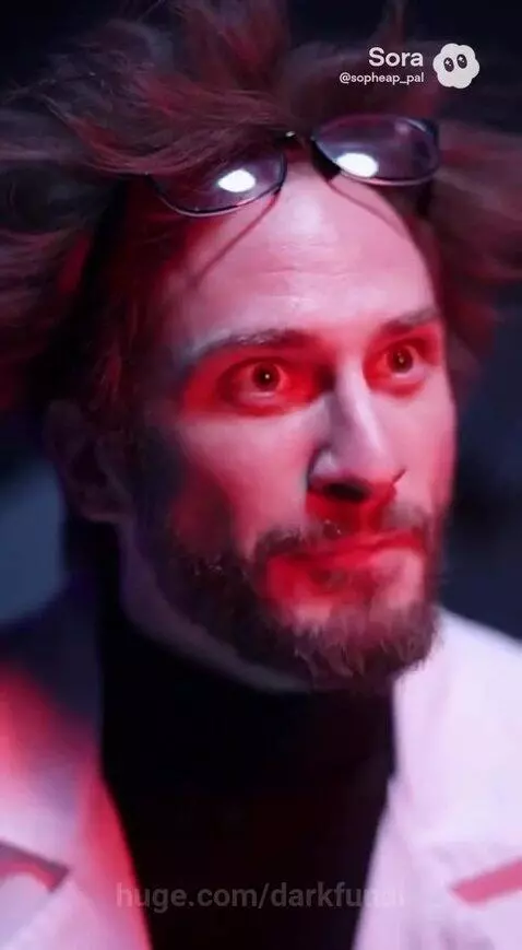 Scientist in lab coat with glowing orb-holding armored figure in futuristic lab with holographic screens.