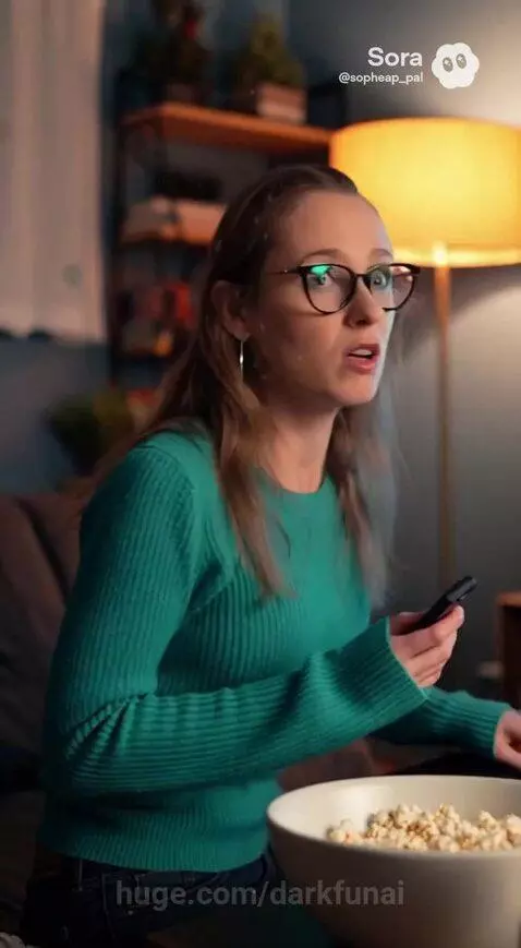 Monkey-like creature with large ears breaks through a TV screen, reaching for a woman with popcorn.