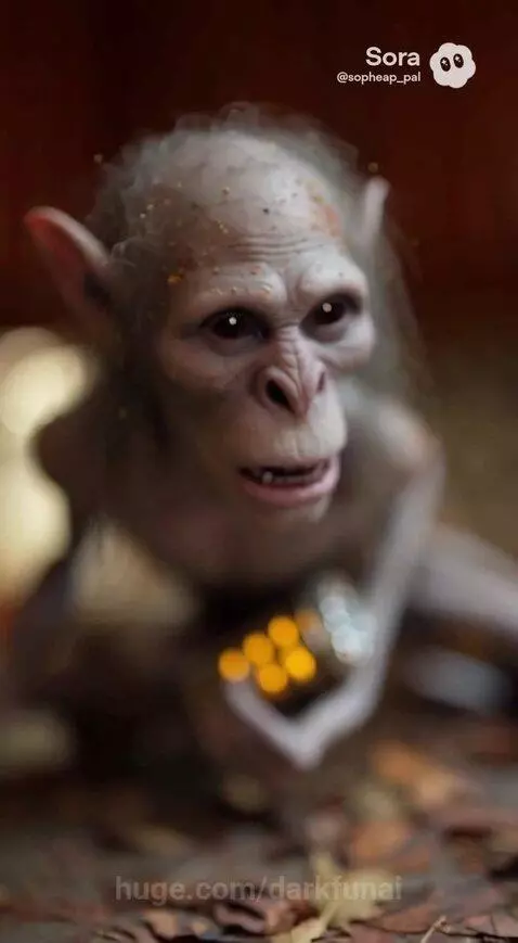 CGI creature resembling Gollum sits on a kitchen counter with leaves, holding a glowing object.