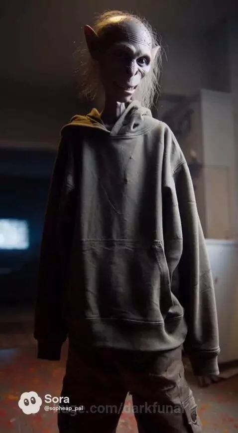 A thin, goblin-like creature with large ears stands in a dimly lit room, facing a person.