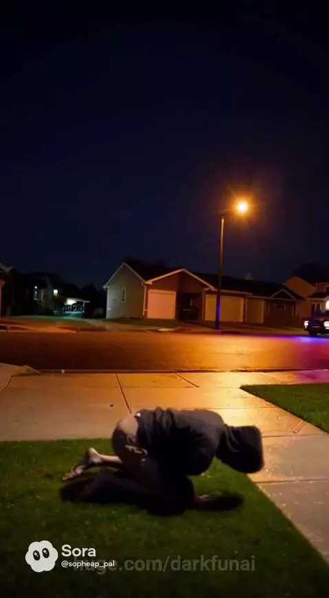 Person in ape mask on grass at night, distressed, with police car lights approaching.