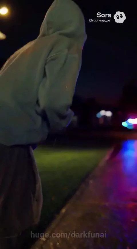 A creature with a wide mouth and sharp teeth in a hoodie, on a lawn at night, with police car lights flashing.