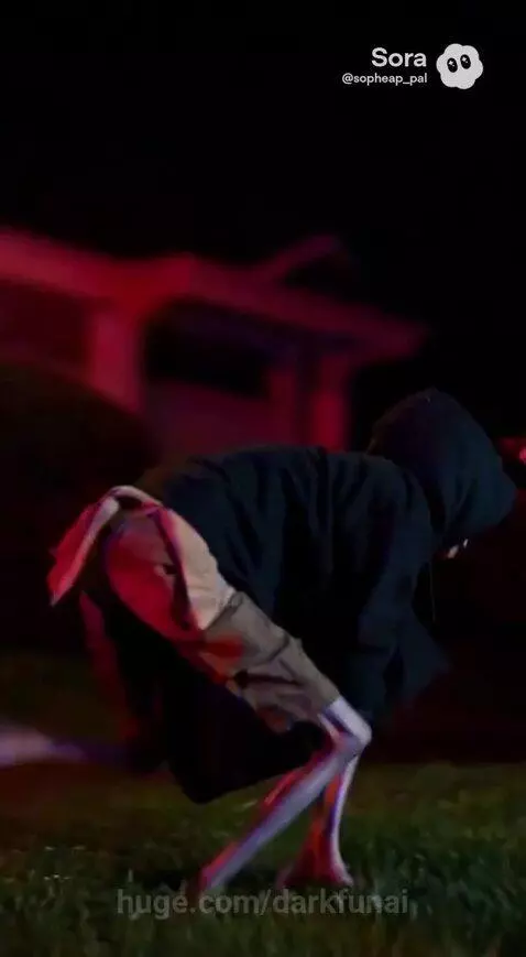 Police officer chasing a creature with a skull face and glowing red eyes at night, illuminated by police lights.