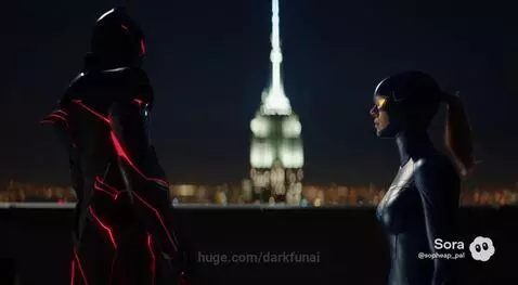 Two masked figures, Dark Wraith and Gorgeous, stand on a city rooftop at night, overlooking the cityscape.