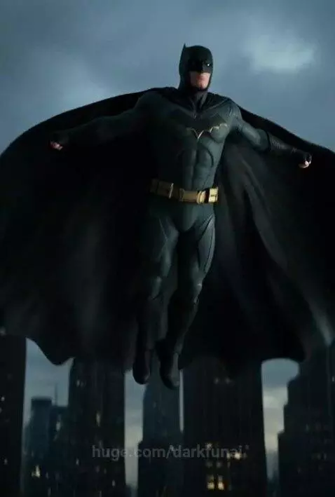 Batman in his dark suit and cape gliding horizontally over a city skyline at dusk.