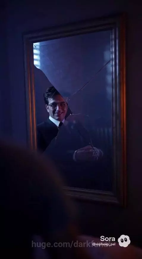 Distressed man sees menacing doppelganger in a broken mirror reflection in a dimly lit room.