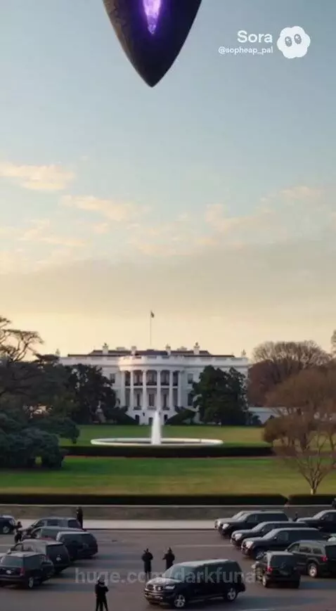 Alien spacecraft fires purple beam, destroying the White House in Washington D.C. with smoke and fire.