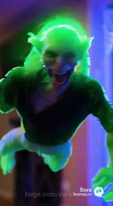 A monstrous goblin creature with glowing eyes leaps through a shattered glass door towards a soldier with a glowing weapon.