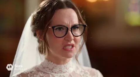 Bride in a white dress with glasses looking determined, saying no at a wedding ceremony and then running away.