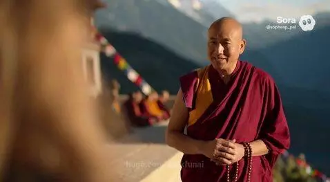 Woman arriving at a colorful mountain monastery through a glowing blue portal, greeted by a monk.