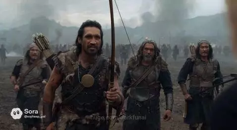 Woman in modern clothes steps from a blue portal onto a smoky battlefield facing primitive warriors.