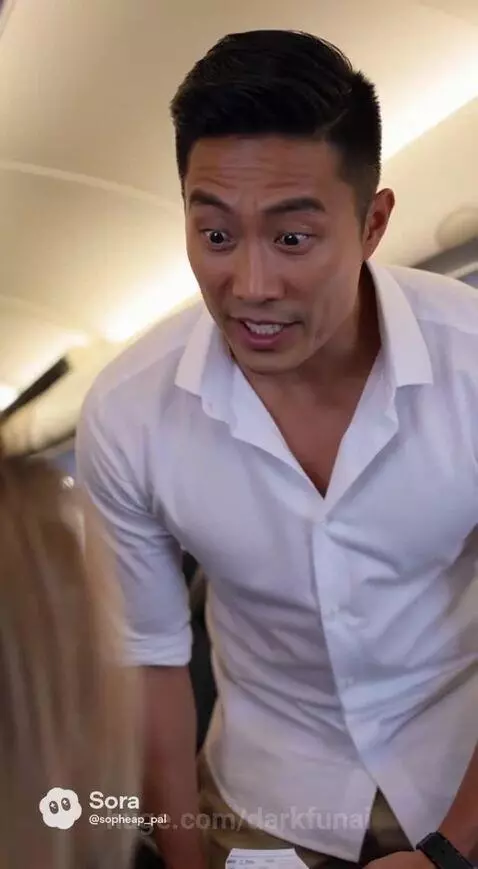 Man introducing himself with a pun to a woman on an airplane.