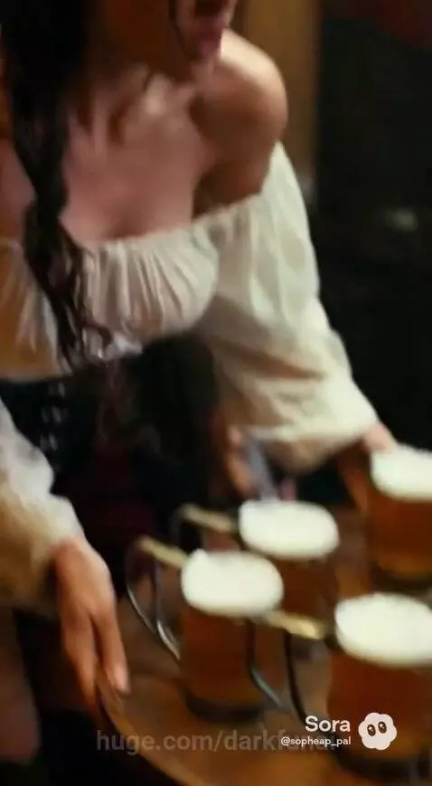 Tavern wench in corset and skirt holding beer tray, running out into the rain with a masked figure.