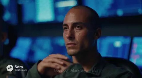 Military officers in a control room with multiple screens showing maps and tracking data, discussing unidentified objects.