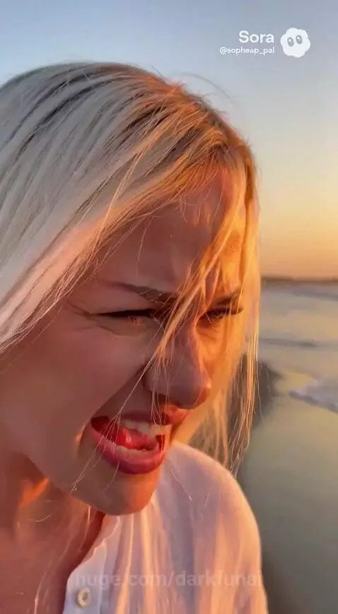 Woman watches a man dressed as Jesus ride a bicycle along a beach at sunset.