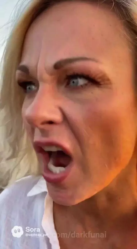 Woman reacting in pain to ocean water on a beach at sunset, man with crutches walks in background.