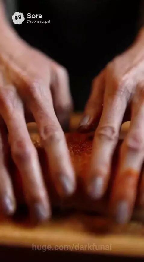 Grotesque humanoid character in apron seasoning a fish fillet in a kitchen before frying.