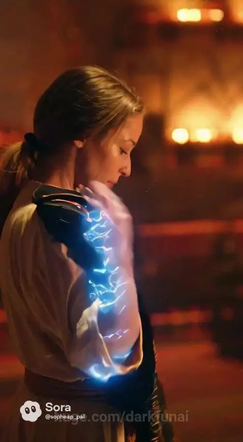 Woman in glowing blue and gold armor with a fiery aura, standing before an older man.