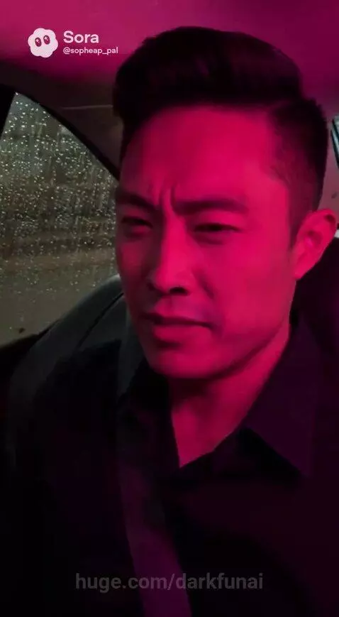 Couple in a car at night, illuminated by pink and purple lights, with rain on the window and city lights outside.