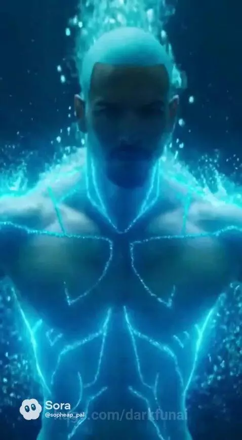 Man with glowing blue armor emerging from the ocean depths before an underwater city.