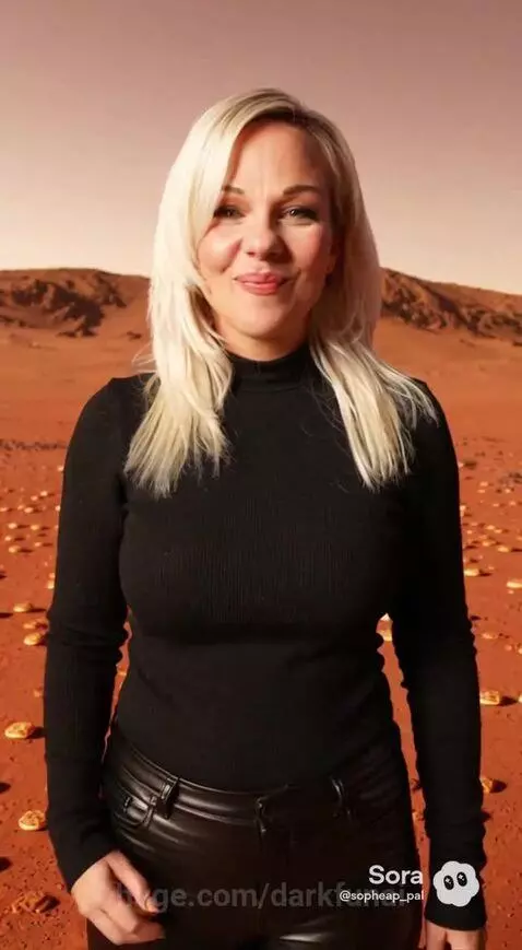 Woman in red desert landscape eating a small round item, shocked as alien appears.