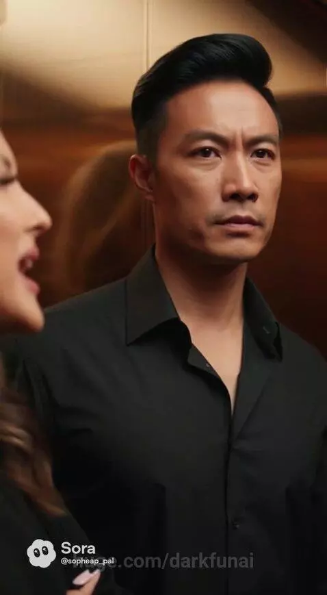 Woman animatedly accusing a man in an elevator of cheating with his eyes, with a digital display showing numbers.