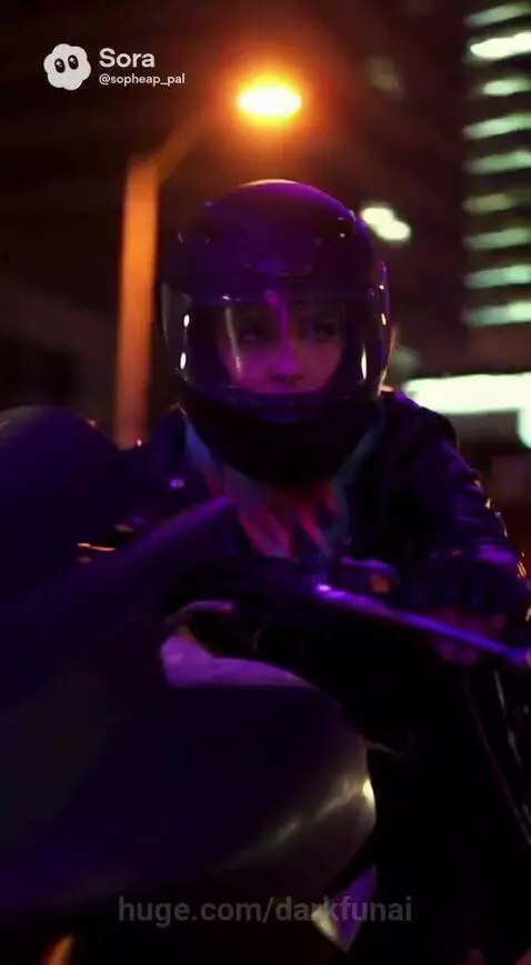 Woman with blue and pink hair looking determined on a rooftop at sunset, city skyline in background.