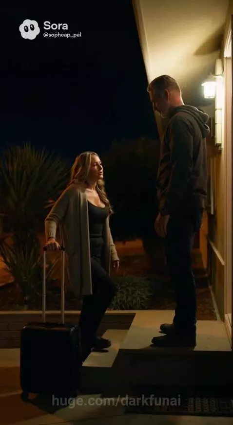Woman with suitcase arriving at a house at night, greeted by a man at the door.