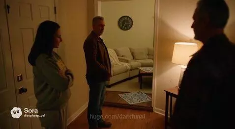 Upset daughter crying in doorway, talking to her father about her husband's classified military operation.