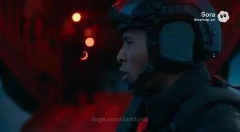 Soldier in tactical gear near a glowing cave entrance during a nighttime military operation.